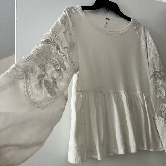 Free People Cream White Embroidered Penny Tee Long Sleeve Blouse Size S - Picture 4 of 8